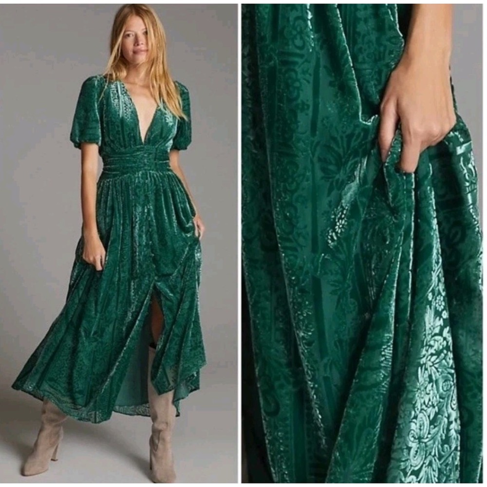Anthropologie Puff-Sleeved Velvet Burnout Maxi Dress‎ Green 00 P Renaissance